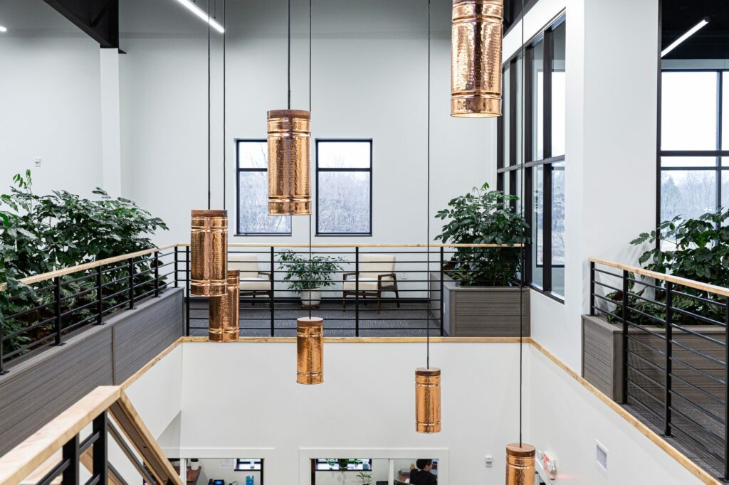 Modern office building with Can lights suspended from ceiling