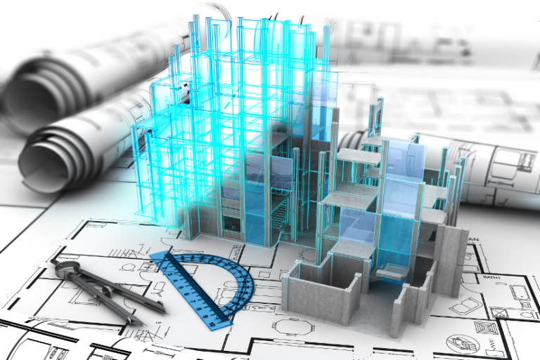 Creative Building design blueprints and 3d rendering