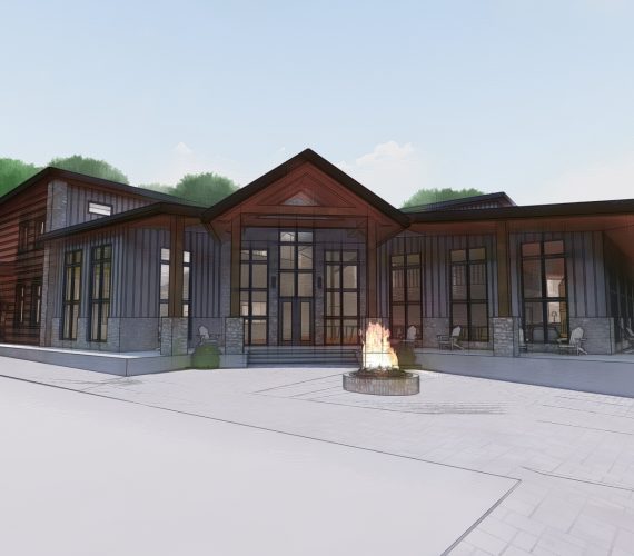 3D sketched rendering of campground office and store in daytime